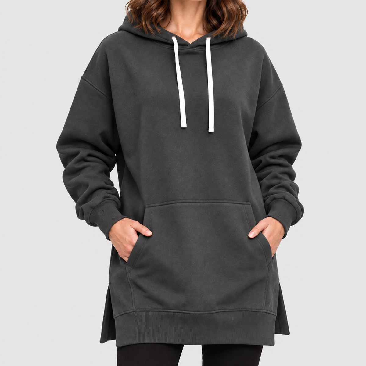 Women's Oversized Long Hoodie Dress with Fleece Lining in Dark Grey — view 11