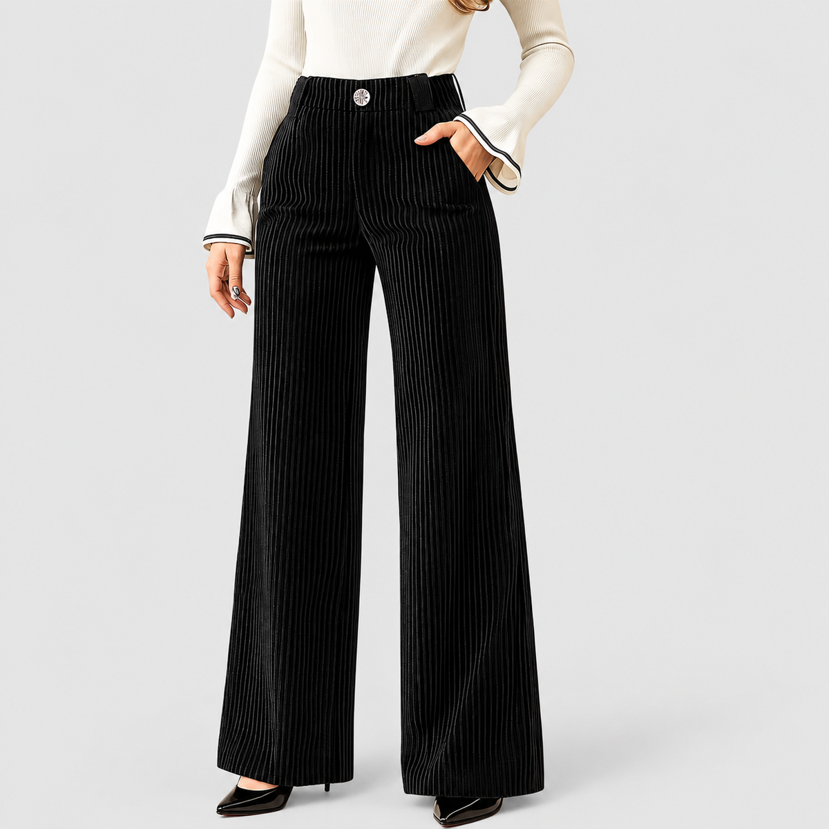 Women's High-Waist Wide-Leg Corduroy Trousers in Black — view 3