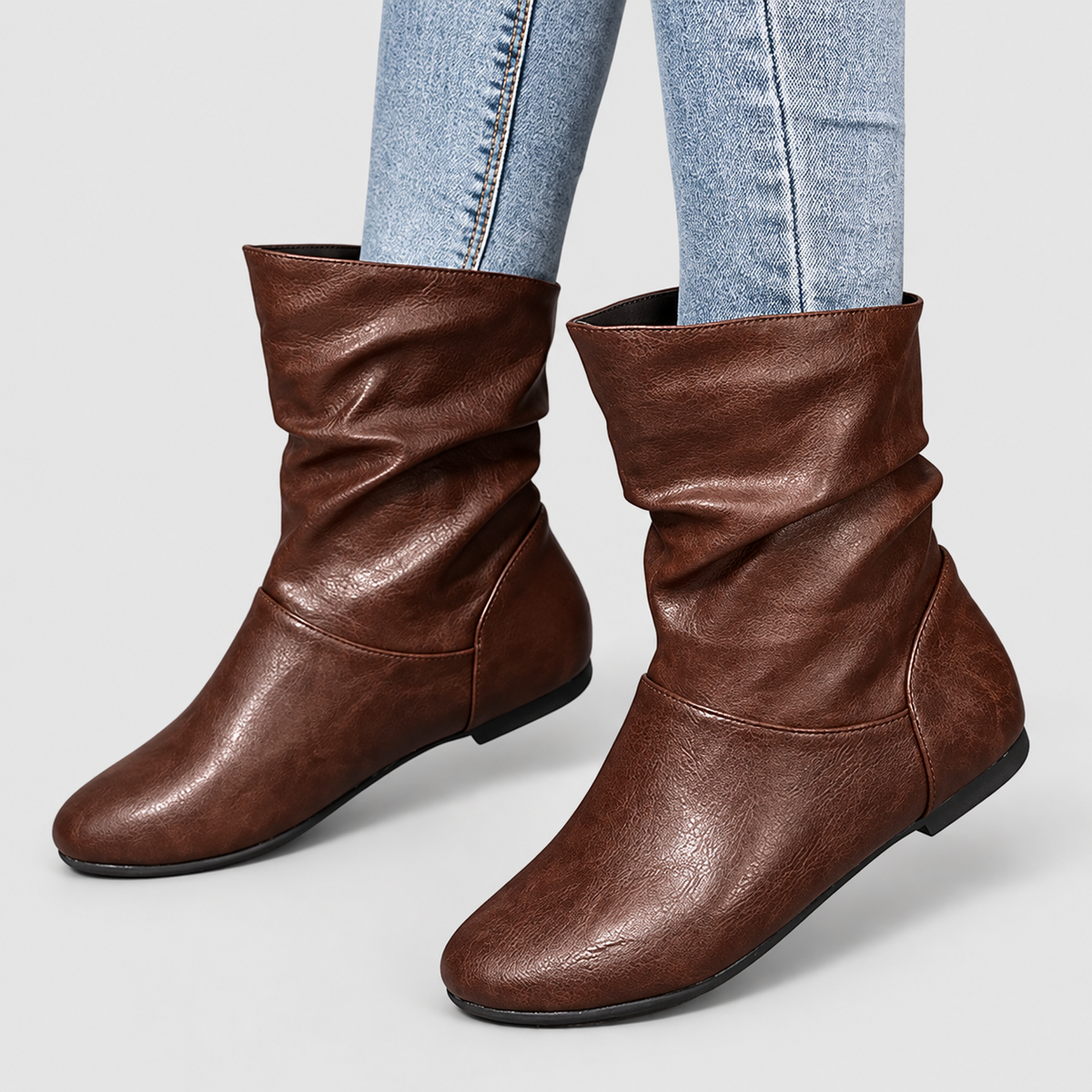 Women's Flat Slouch Faux Leather Ankle Boots in Dark Brown — view 5