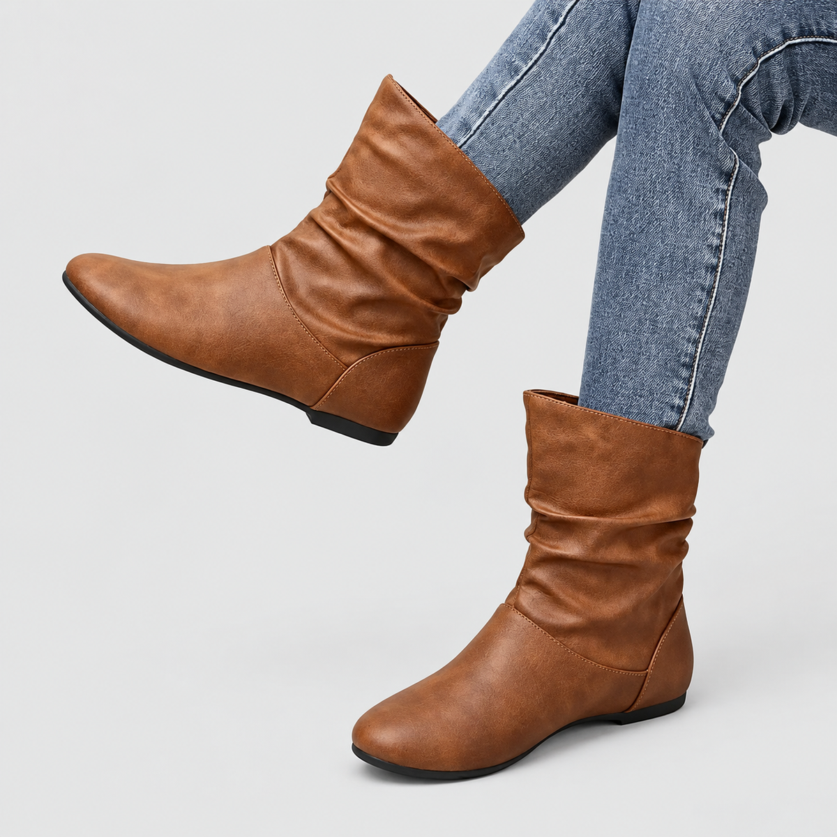 Women's Flat Slouch Faux Leather Ankle Boots in Brown — view 6