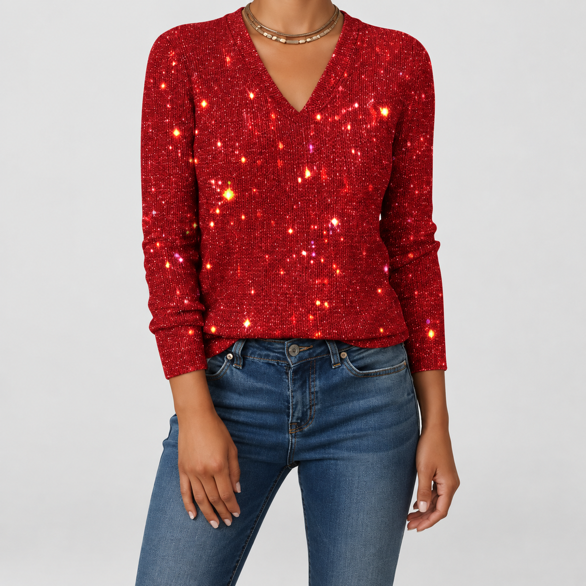 Women's Sequin V-Neck Long-Sleeve Jumper in Red — view 6