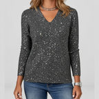 Women's Sequin V-Neck Long-Sleeve Jumper in Black — view 7