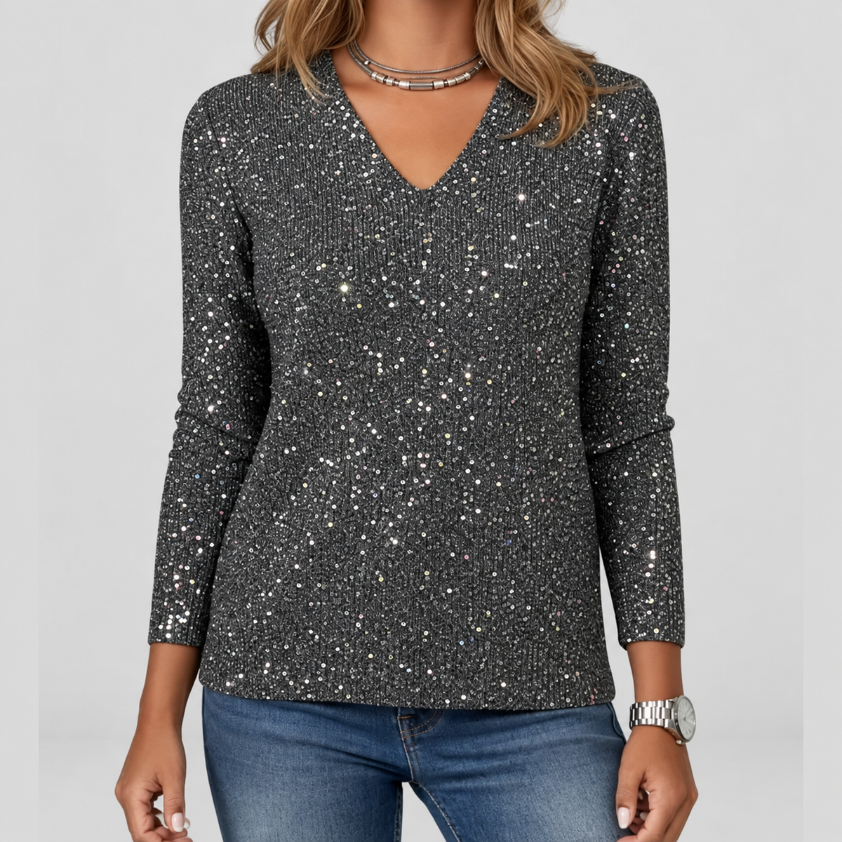 Women's Sequin V-Neck Long-Sleeve Jumper in Black — view 7