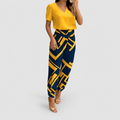 Women's V-Neck Blouse and Trouser Set in Yellow-Blue Print — view 1