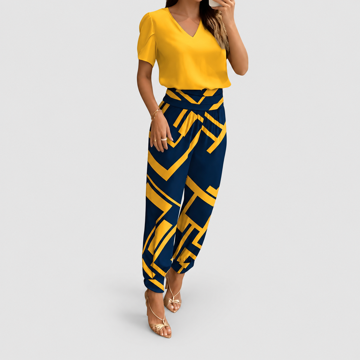 Women's V-Neck Blouse and Trouser Set in Yellow-Blue Print — view 1