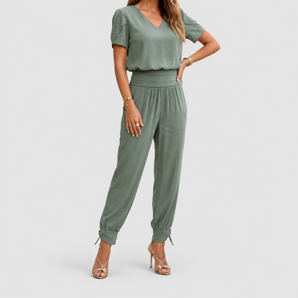 Women's V-Neck Blouse and Trouser Set in Olive — view 2