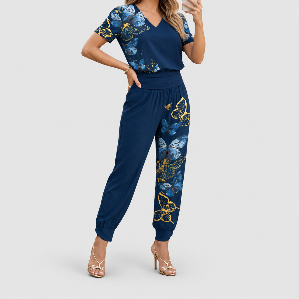 Women's V-Neck Blouse and Trouser Set in Blue — view 3