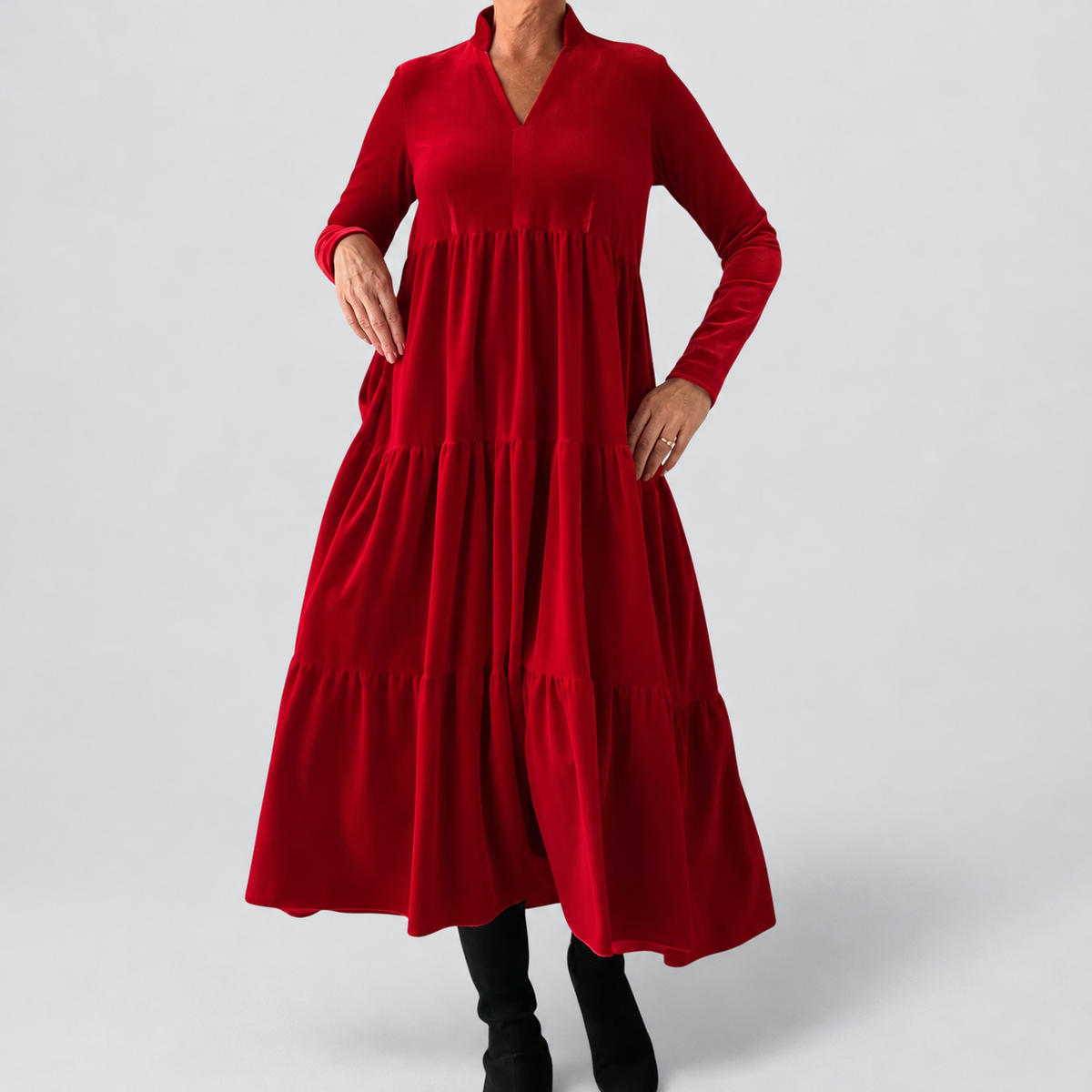 Women's Velvet Tiered Midi Dress with V-Neck and Long Sleeves in Red — view 1
