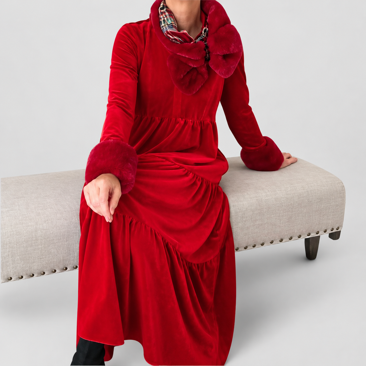 Women's Velvet Tiered Midi Dress with V-Neck and Long Sleeves — view 2
