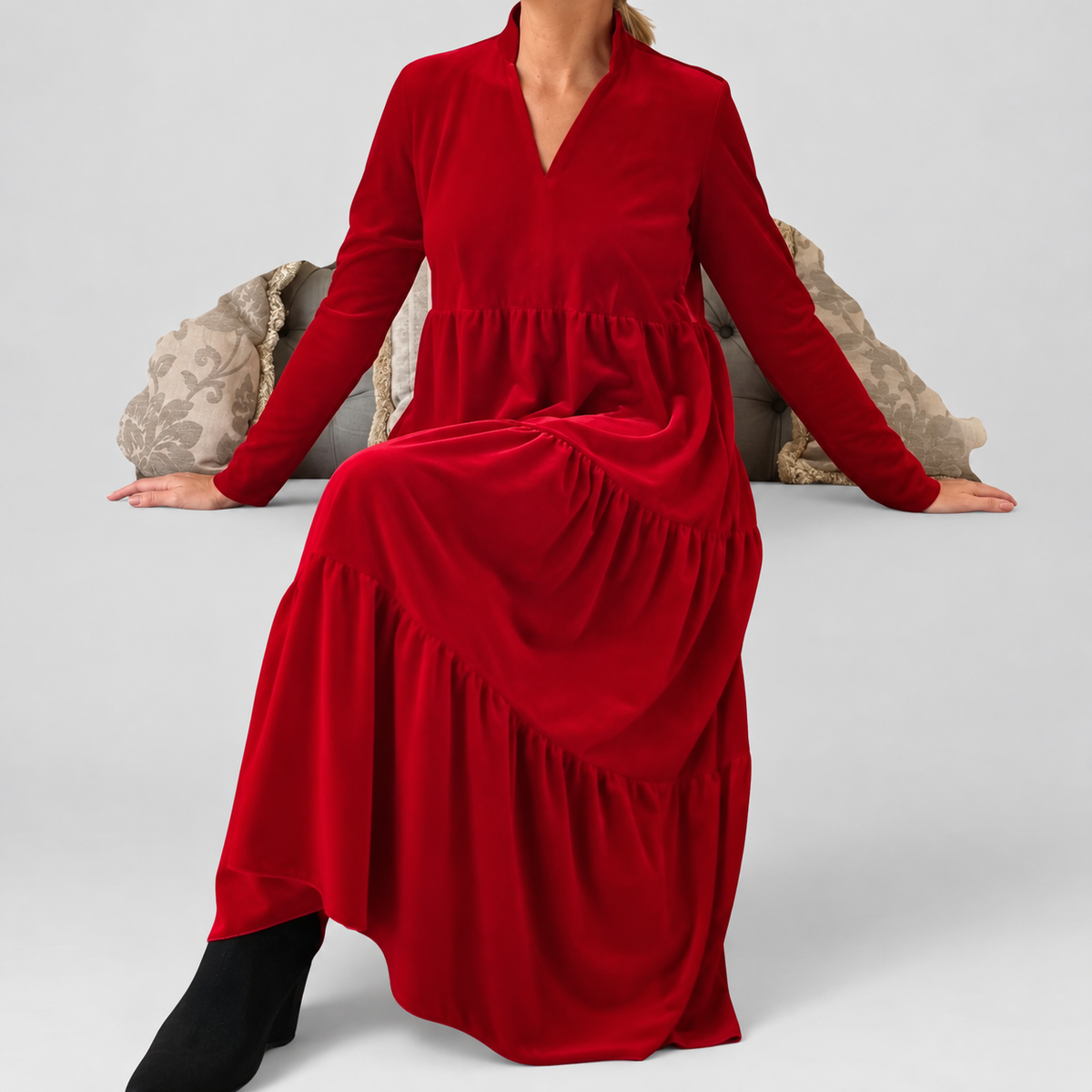 Women's Velvet Tiered Midi Dress with V-Neck and Long Sleeves — view 3