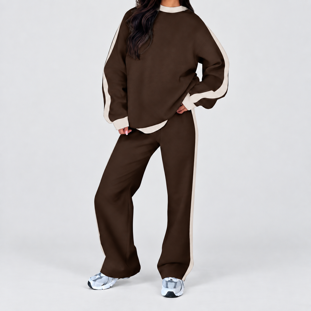 Women's Oversized Tracksuit Set with Contrast Trim in Brown — view 3