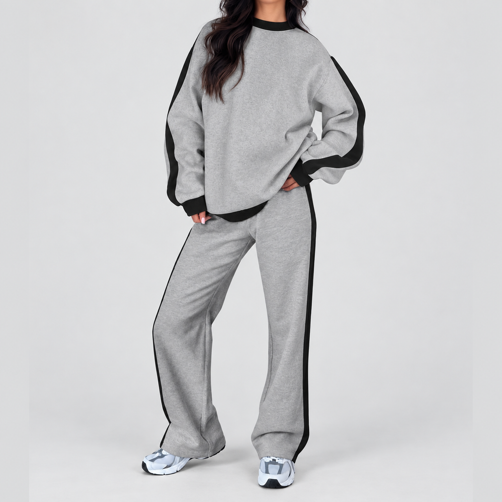 Women's Oversized Tracksuit Set with Contrast Trim in Light Grey — view 5