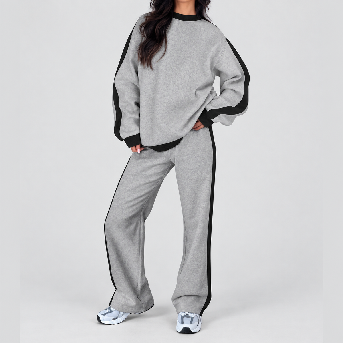 Women's Oversized Tracksuit Set with Contrast Trim in Light Grey — view 5