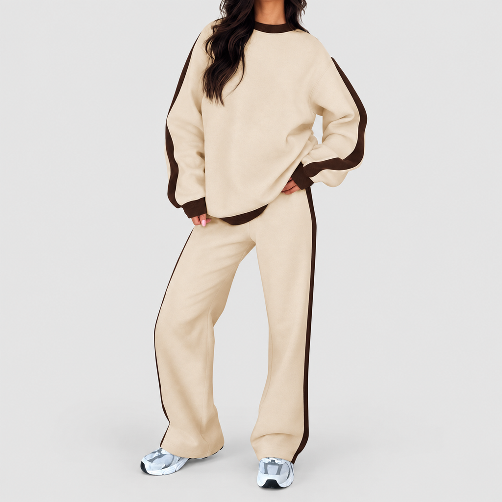 Women's Oversized Tracksuit Set with Contrast Trim in Beige — view 6