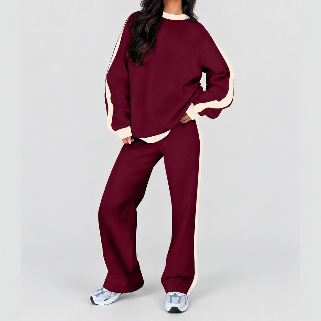 Women's Oversized Tracksuit Set with Contrast Trim in Burgundy — view 8