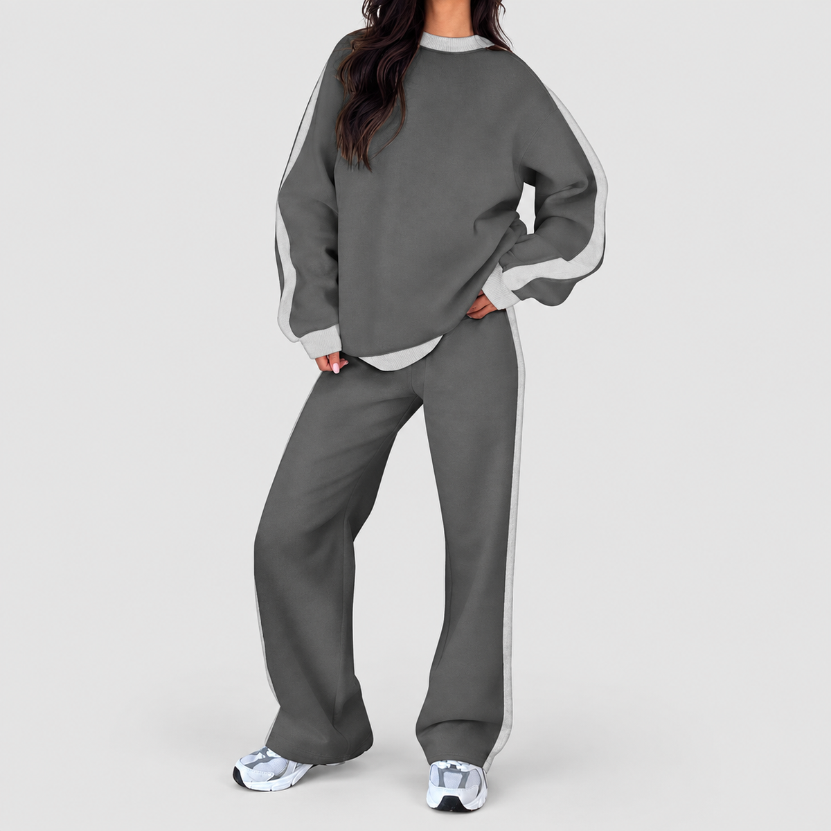 Women's Oversized Tracksuit Set with Contrast Trim in Grey — view 12
