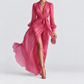 Women's Long Chiffon V-Neck Dress with Tie Waist in Pink — view 1