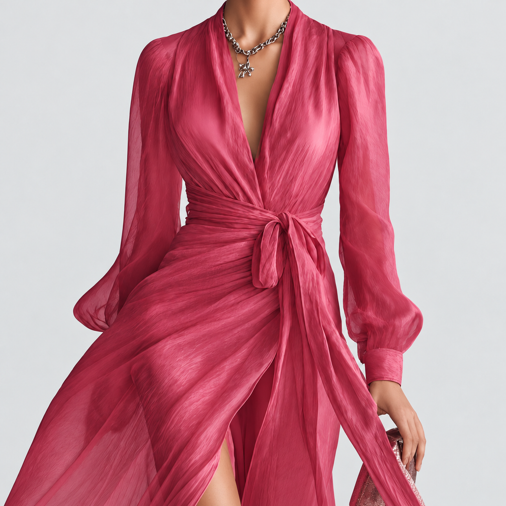 Women's Long Chiffon V-Neck Dress with Tie Waist — view 3