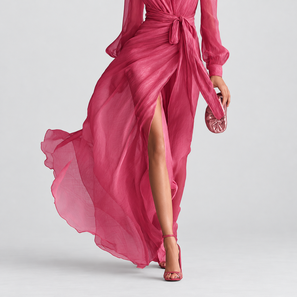 Women's Long Chiffon V-Neck Dress with Tie Waist — view 4