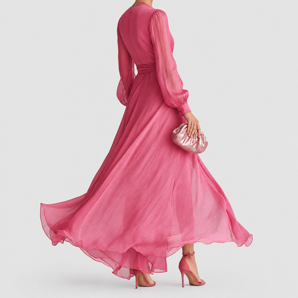 Women's Long Chiffon V-Neck Dress with Tie Waist — view 5