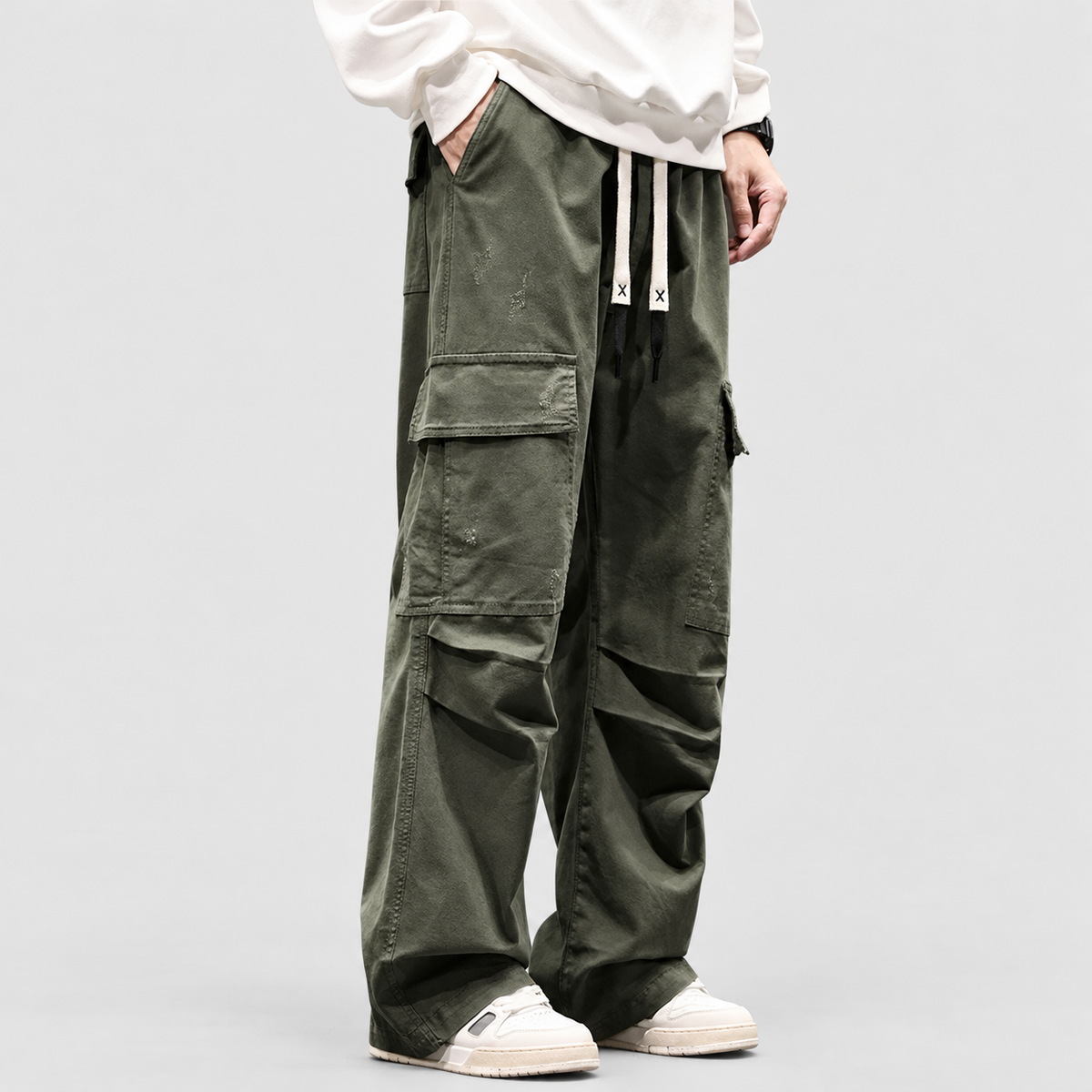 Men's Wide-Leg Cargo Trousers with Drawstring Waist — view 2