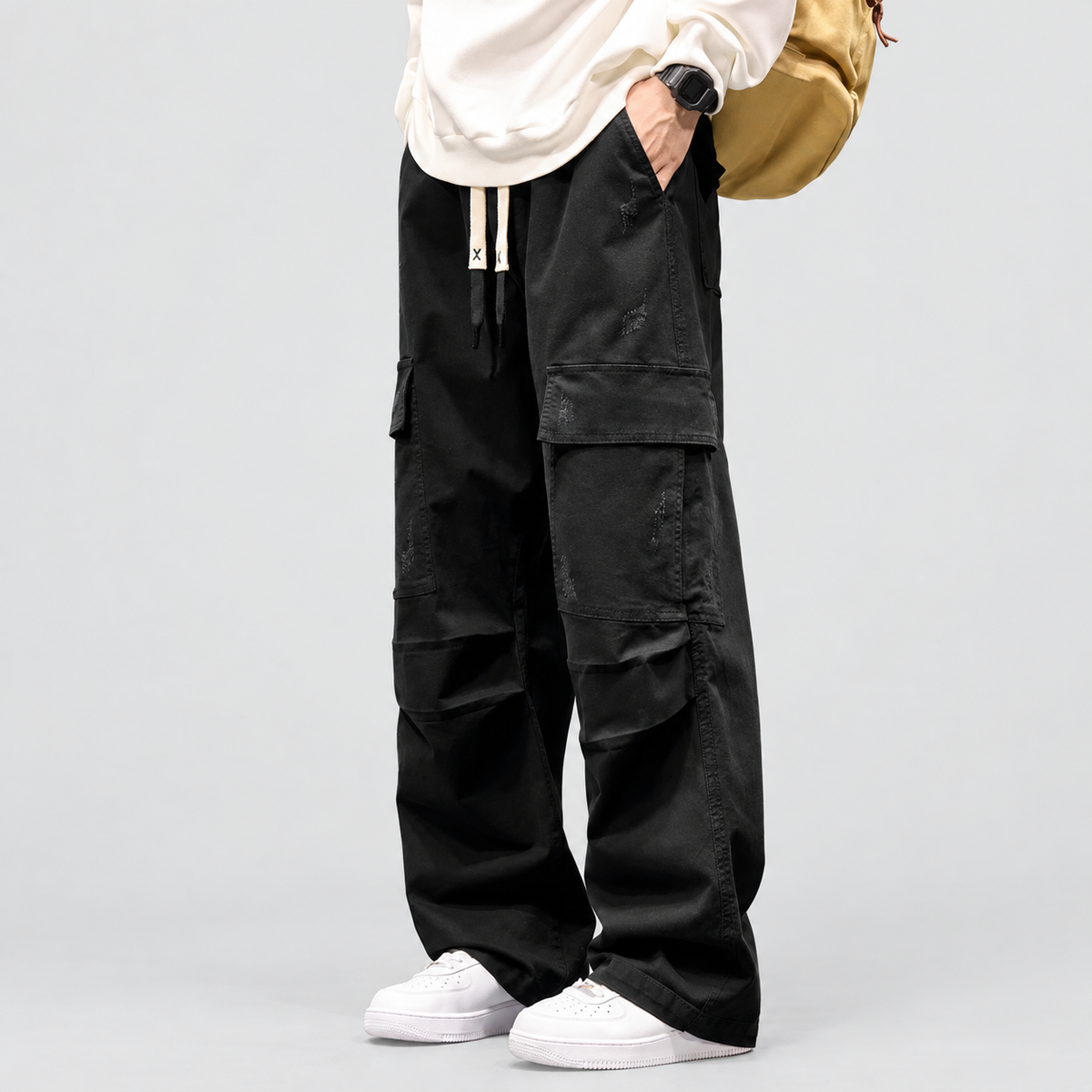 Men's Wide-Leg Cargo Trousers with Drawstring Waist — view 4