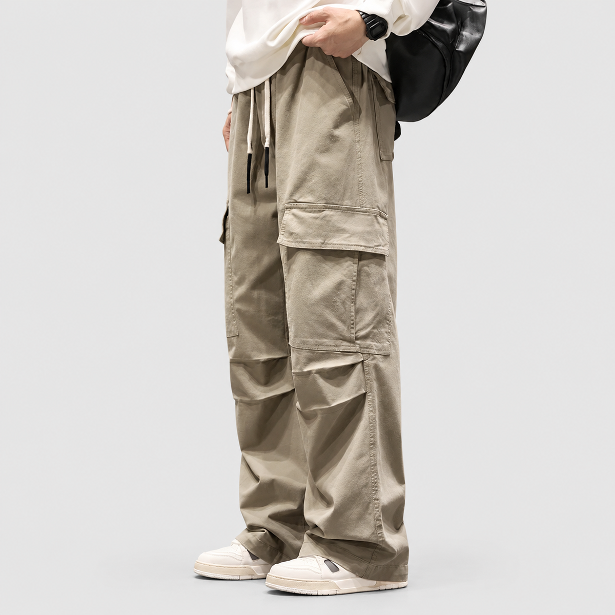 Men's Wide-Leg Cargo Trousers with Drawstring Waist — view 6