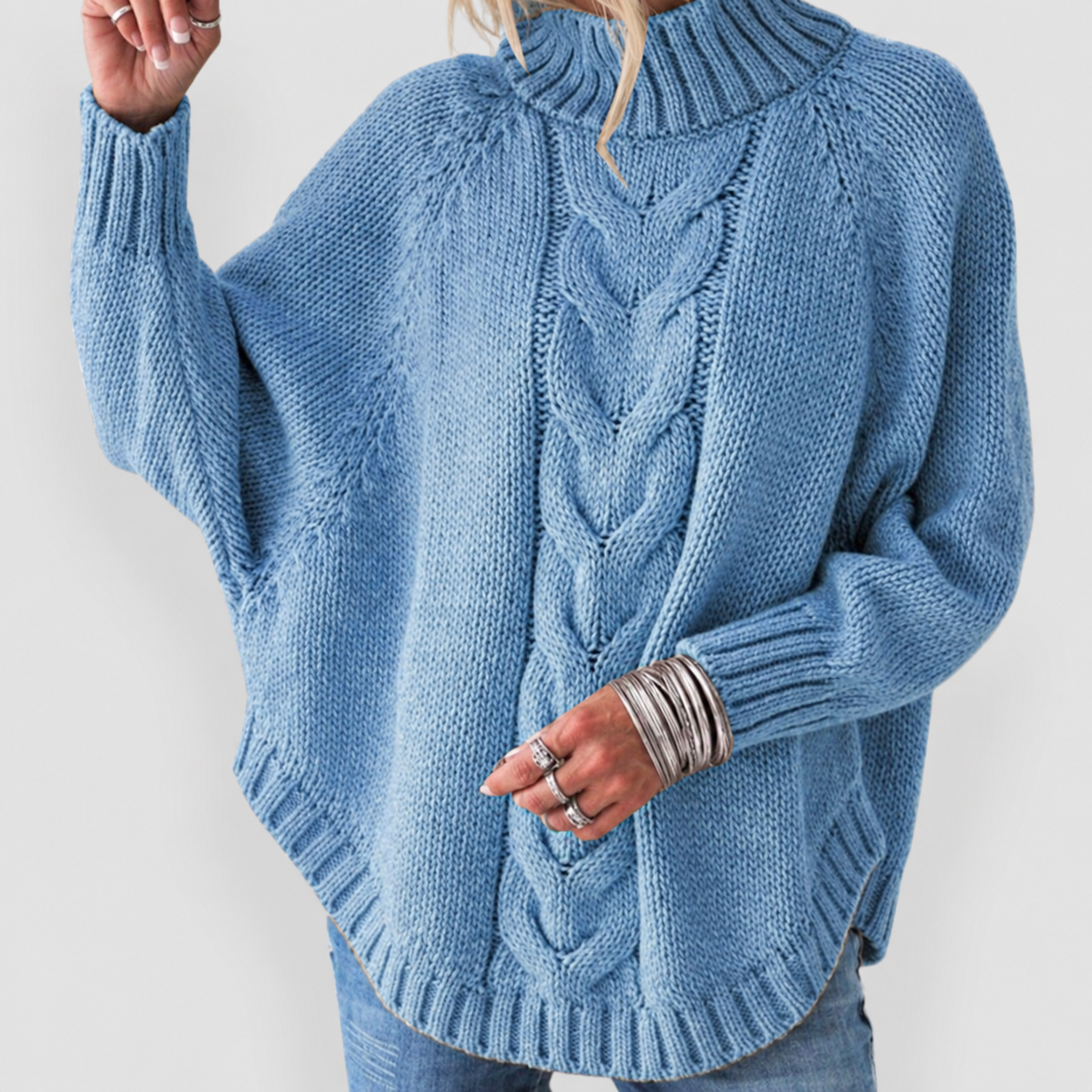 Women's Cable Knit Turtleneck Jumper with Oversized Fit in Blue — view 1