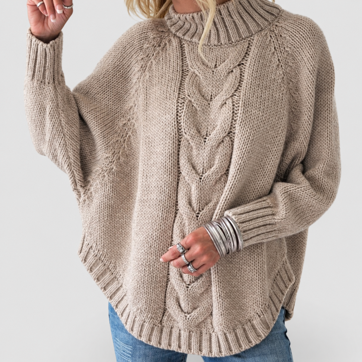 Women's Cable Knit Turtleneck Jumper with Oversized Fit in Khaki — view 2