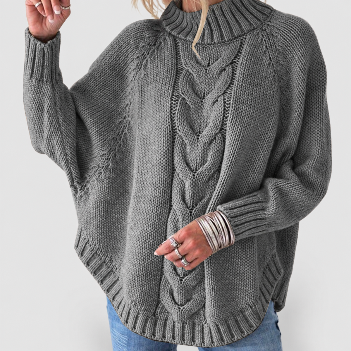 Women's Cable Knit Turtleneck Jumper with Oversized Fit in Grey — view 3