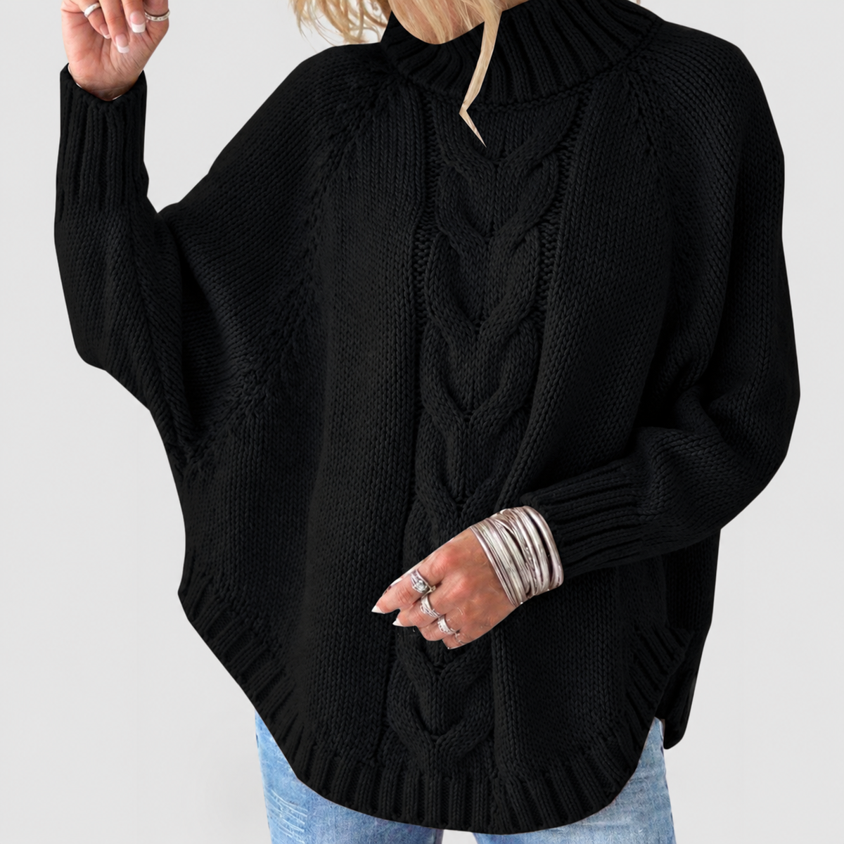 Women's Cable Knit Turtleneck Jumper with Oversized Fit in Black — view 4