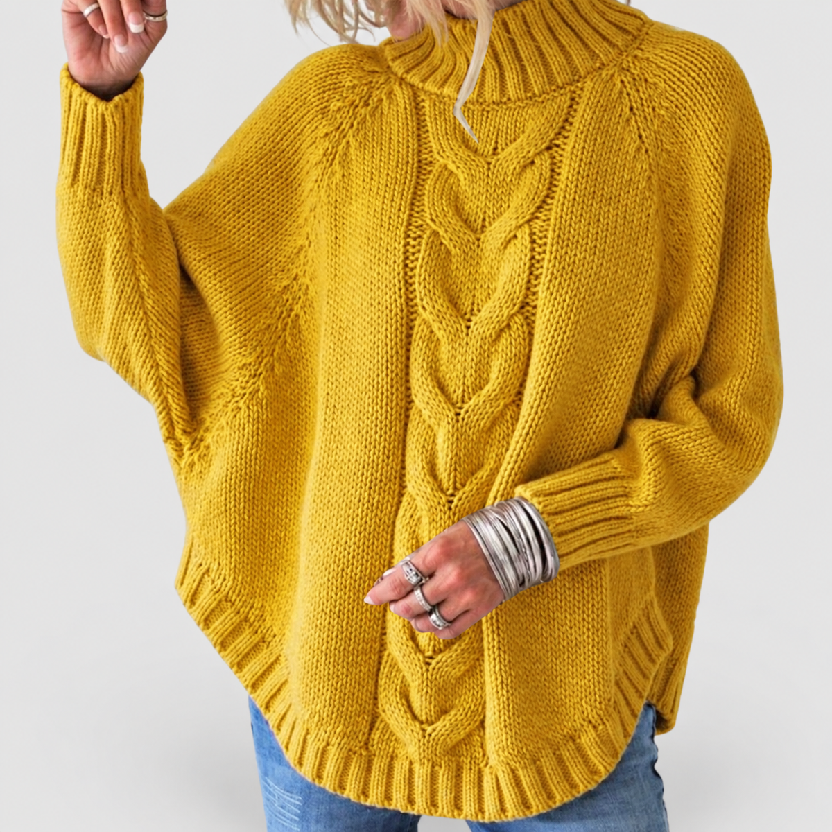 Women's Cable Knit Turtleneck Jumper with Oversized Fit in Yellow — view 6
