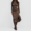 Women's High-Neck Suede-Look Midi Dress in Coffee — view 1