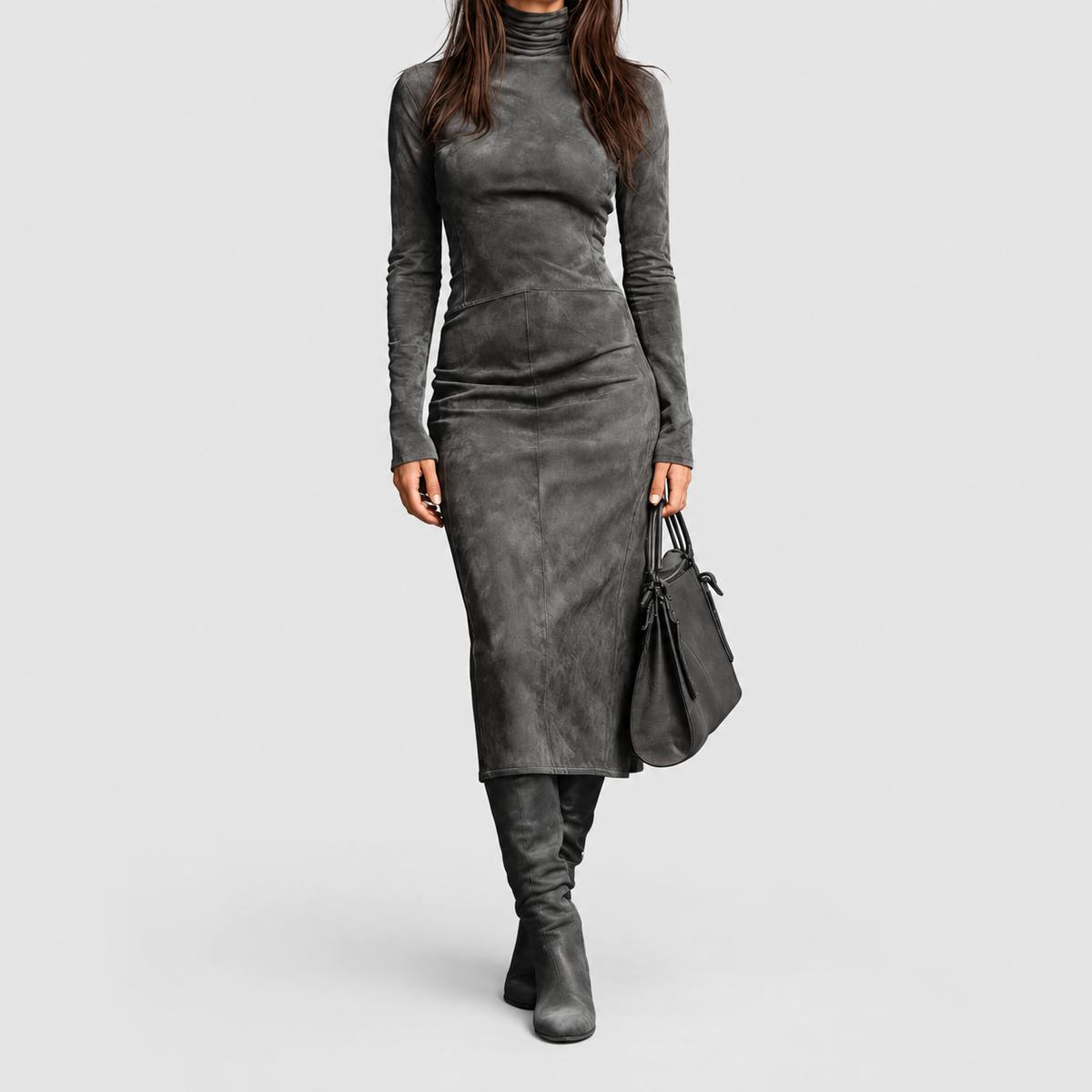 Women's High-Neck Suede-Look Midi Dress in Grey — view 2