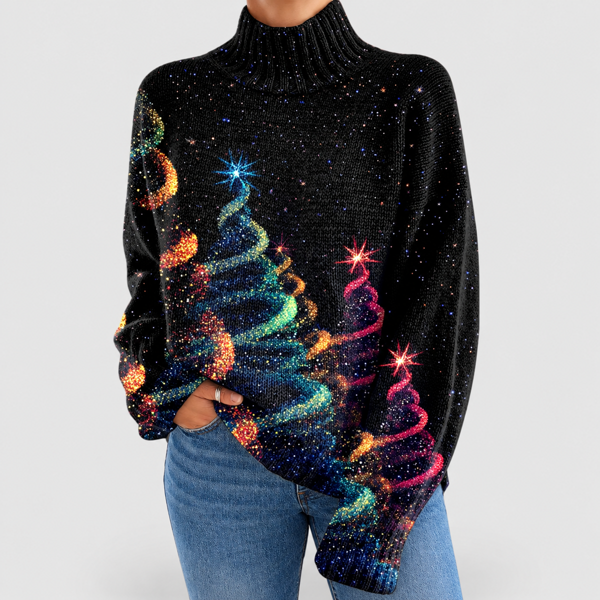 Women's Glitter Christmas Tree Turtleneck Jumper in Multicolor — view 1