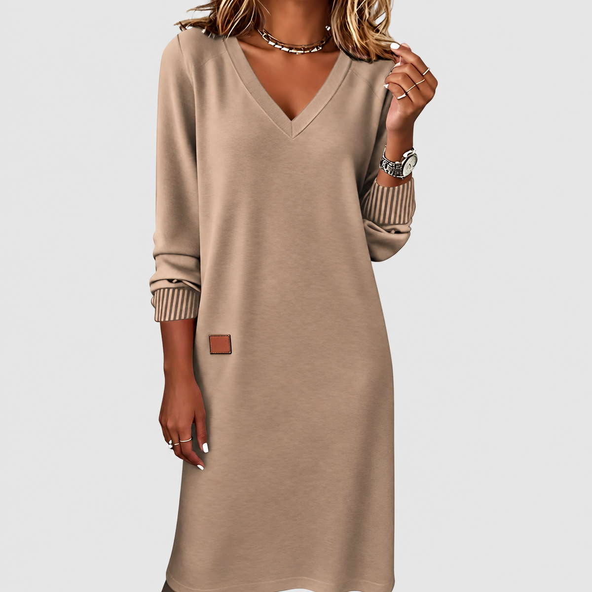 Women's V-Neck Long-Sleeve Midi Dress in Brown — view 2