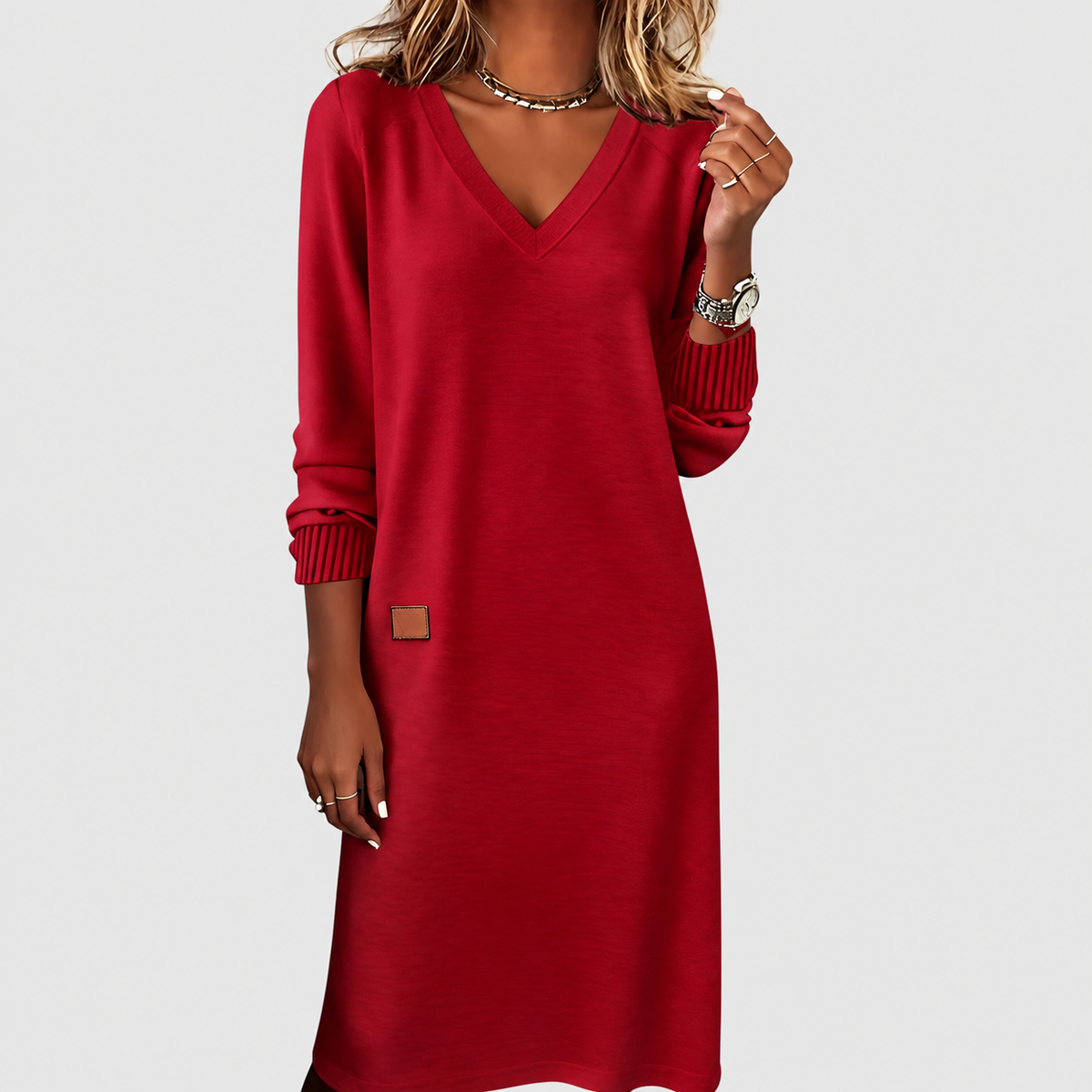 Women's V-Neck Long-Sleeve Midi Dress in Red — view 3