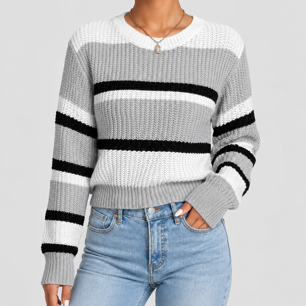 Women's Striped Crew Neck Knitted Jumper in Grey — view 1