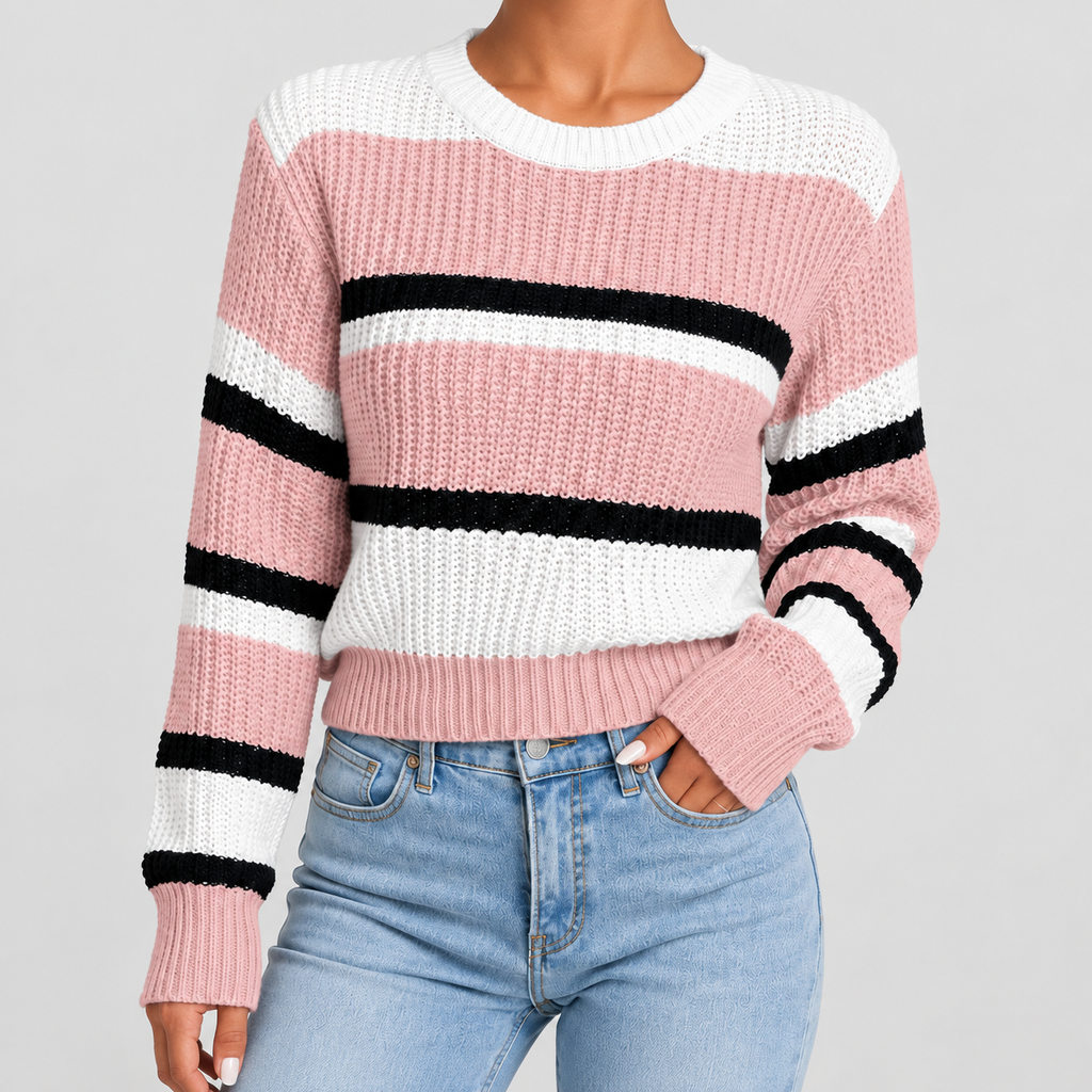 Women's Striped Crew Neck Knitted Jumper in Pink — view 3