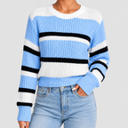 Women's Striped Crew Neck Knitted Jumper in Blue — view 4