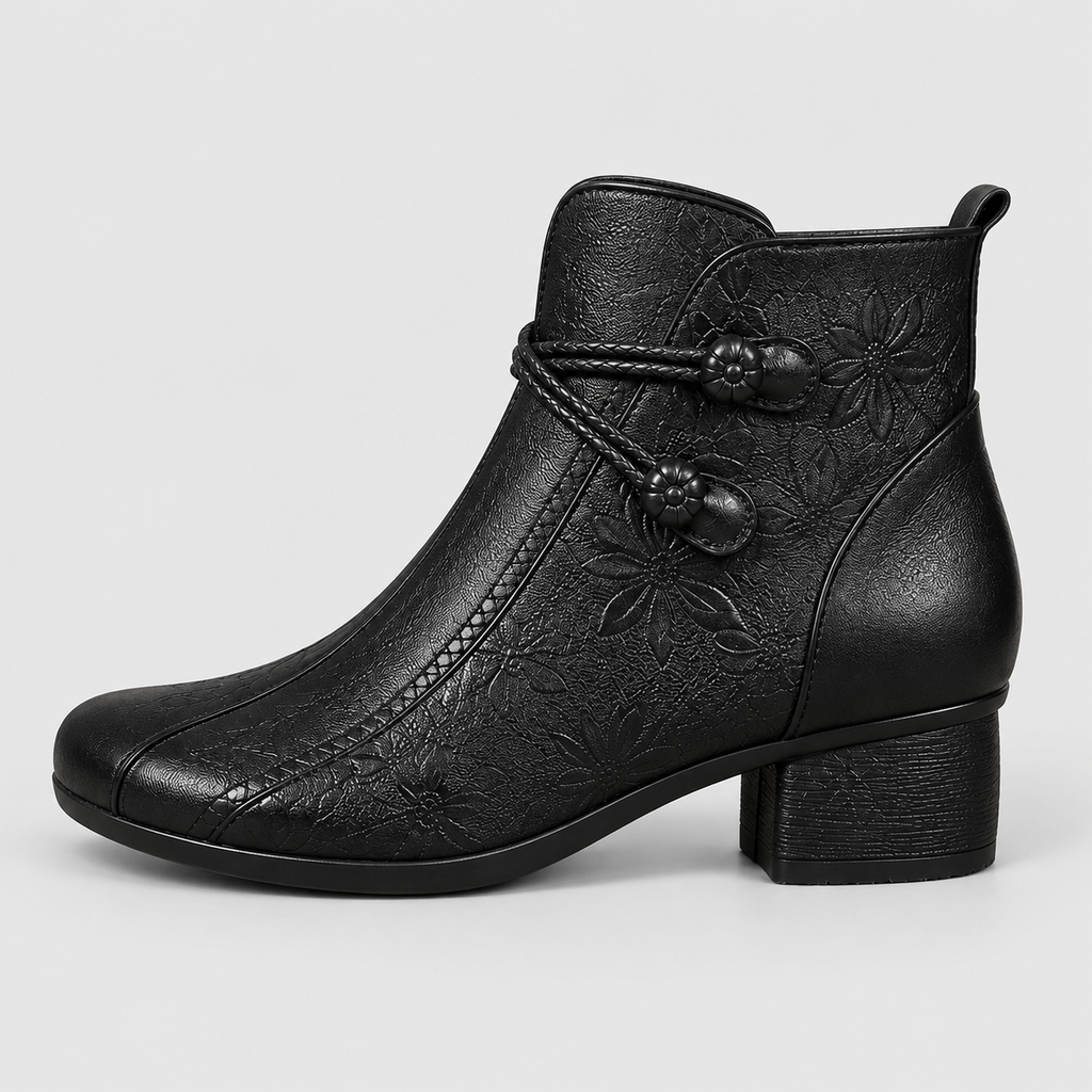 Women's Faux Leather Block-Heel Ankle Boots with Leaf Detail — view 2