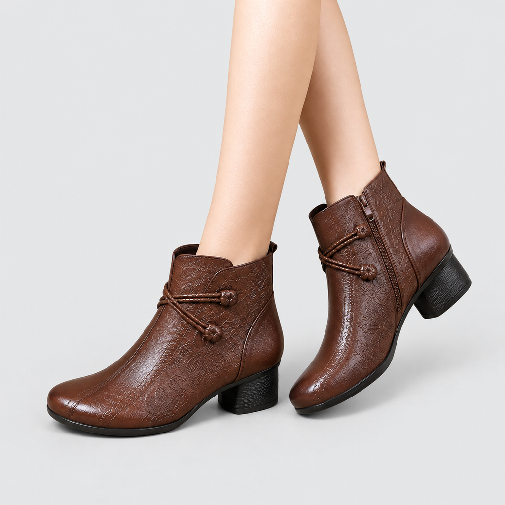 Women's Faux Leather Block-Heel Ankle Boots with Leaf Detail in Brown — view 4
