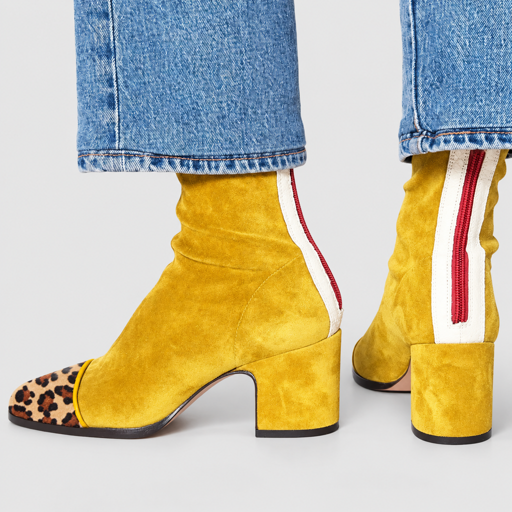 Women's Square-Toe Block-Heel Ankle Boots with Contrast-Panel Options in Yellow — view 1