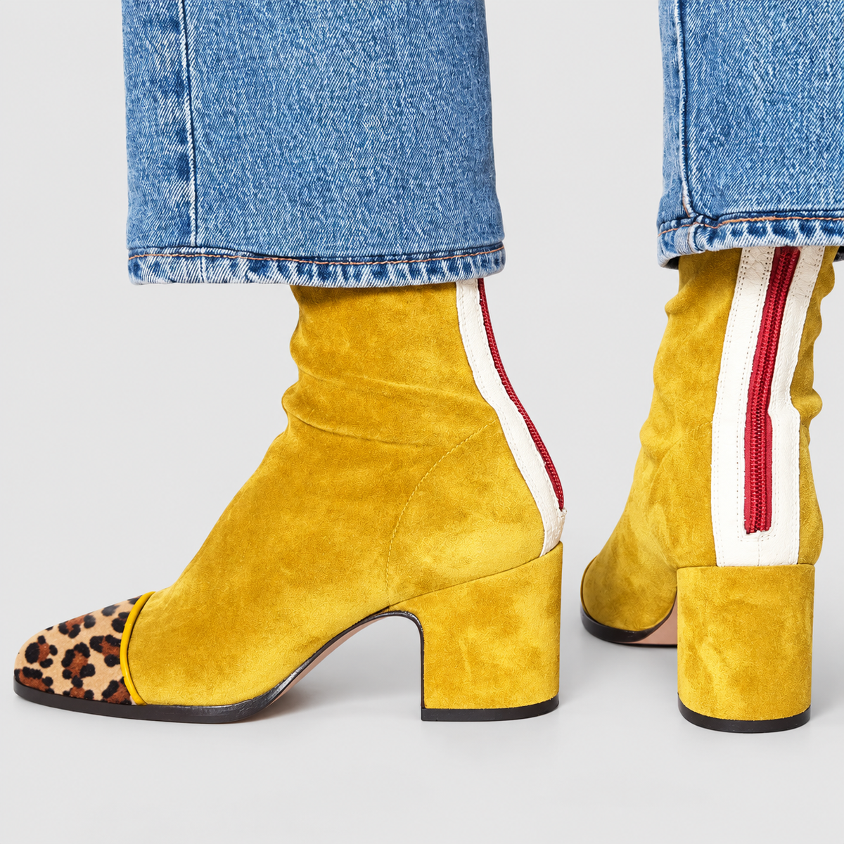 Women's Square-Toe Block-Heel Ankle Boots with Contrast-Panel Options in Yellow — view 1