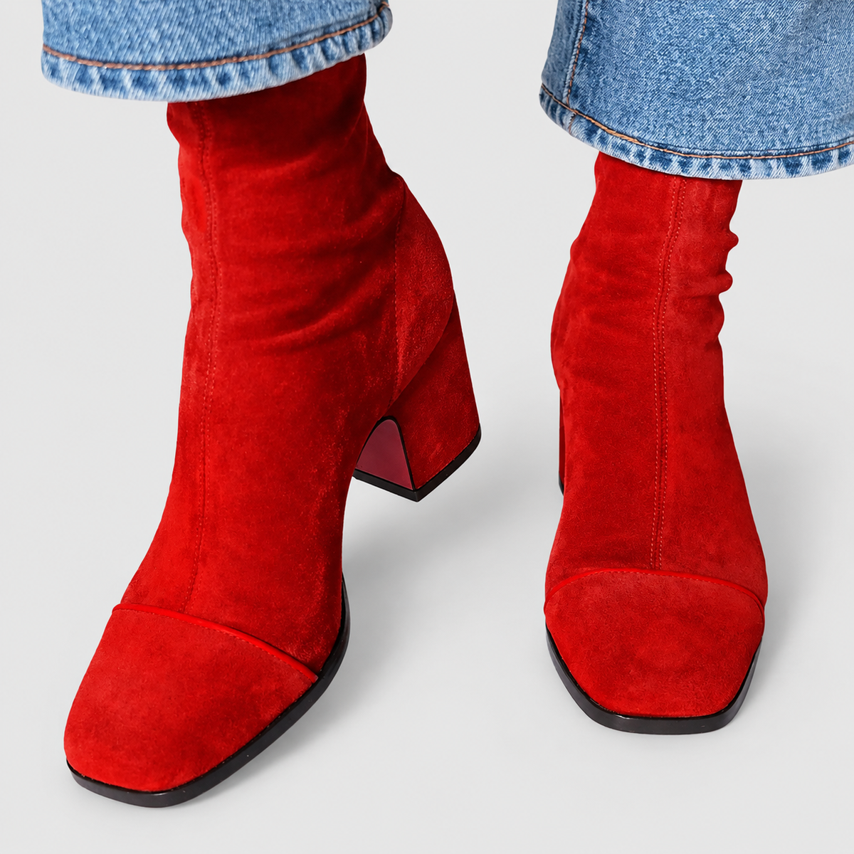 Women's Square-Toe Block-Heel Ankle Boots with Contrast-Panel Options in Red — view 3