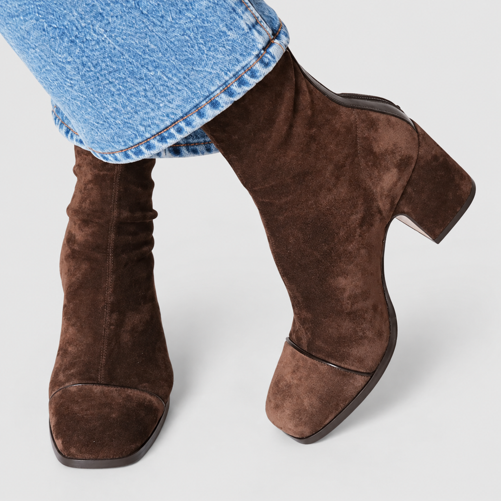 Women's Square-Toe Block-Heel Ankle Boots with Contrast-Panel Options in Dark Brown — view 6