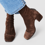 Women's Square-Toe Block-Heel Ankle Boots with Contrast-Panel Options in Dark Brown — view 6