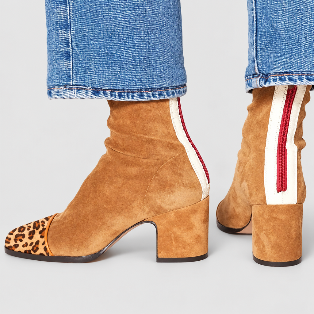 Women's Square-Toe Block-Heel Ankle Boots with Contrast-Panel Options in Camel — view 9