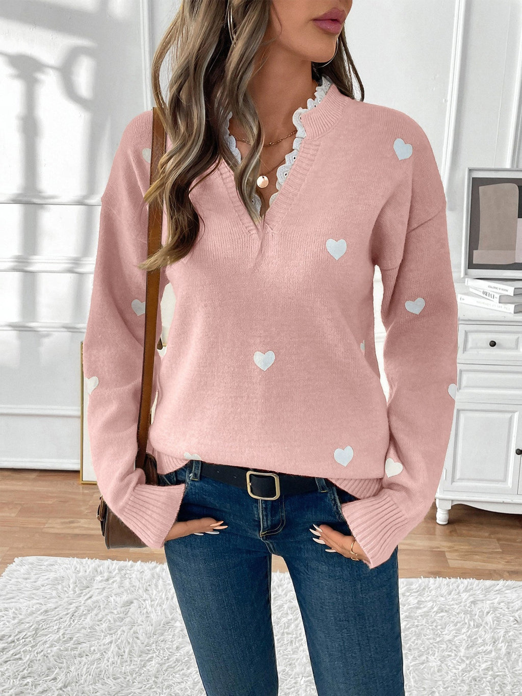 Teleri | Women's Heart Print Jumper with Lace-Trim V-Neck