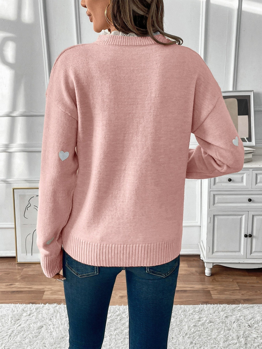 Teleri | Women's Heart Print Jumper with Lace-Trim V-Neck